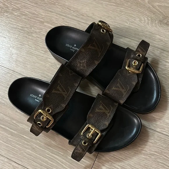 Louis Vuitton Black and Brown Monogram Sandals - Picture 2 of 5